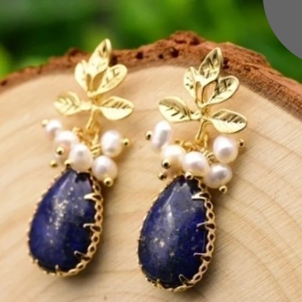 Stylish Fresh Water Pearl & Sodalite Gold Teardrop Earrings - Picture 4 of 5